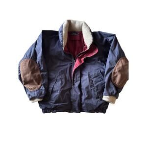 Vintage 90’s Nautica Down Filled Large Navy Bomber Leather Elbows Full Zip Coat